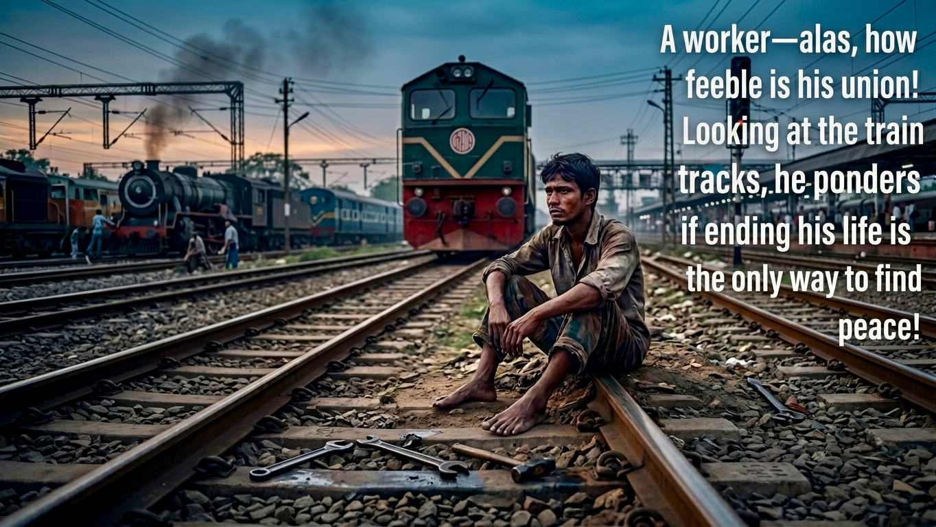 A worker—alas, how feeble is his union! Looking at the train tracks, he ponders if ending his life is the only way to find peace!